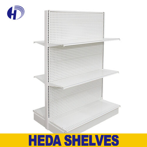 Double Sided Pegboard Gondola Shelving,white store shelf,aisle display shelves,pegboard display shelf,double sided display shelf,pegboard shelf for retail store