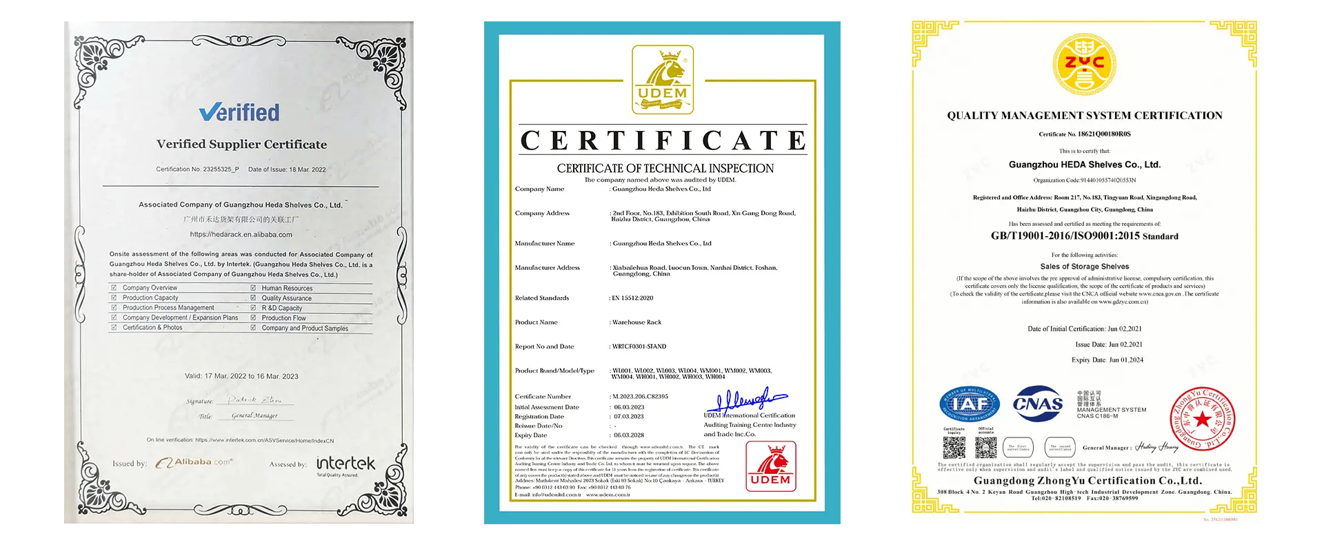 heda certificate, shelf certificate,rack certificate