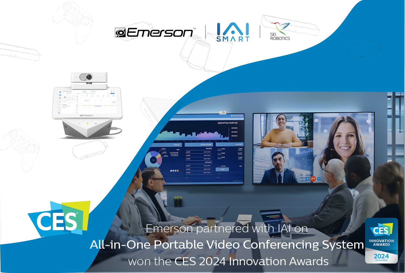 Emerson partners with IAI and SEI to create the All-in-One Portable Video Conferencing System which wins the CES 2024 Innovation Award