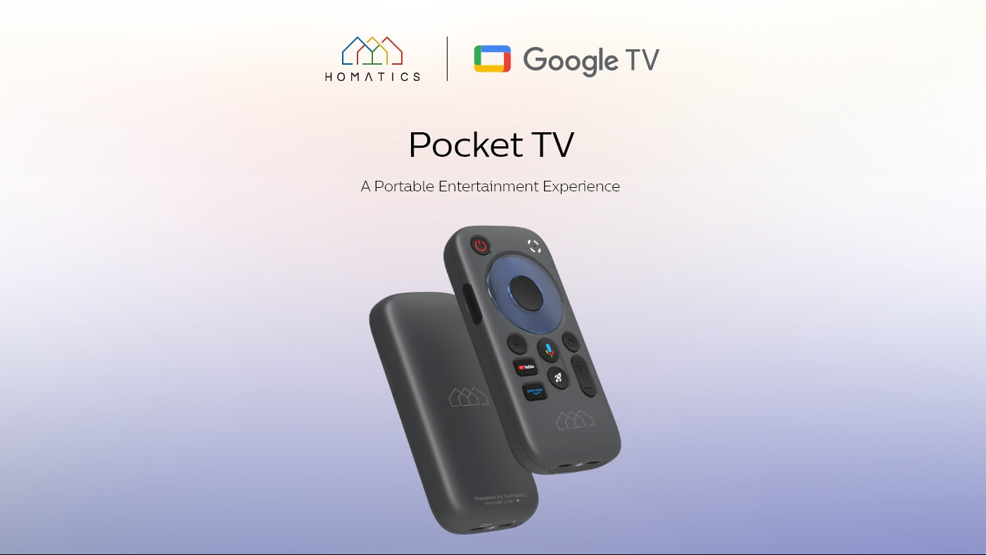 Homatics Pocket TV connected to RayNeo XR glasses, showingcasing a compact, portable Google TV player providing an immersive cinematic experience.