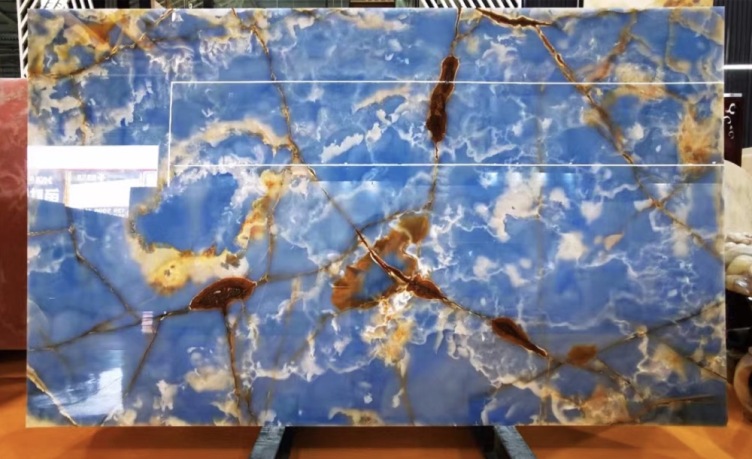 MOREONYX ,Ultra-thin Natural Blue Onyx Slab wih pvc,Hot sell, Factory price, Translucent well