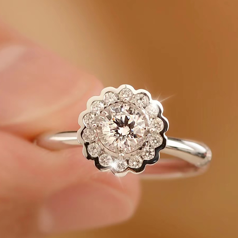 Sunflower moissanite ring / solid gold sunflower ring / vintage halo moissanite wedding ring / silver flower ring for her / custom ring