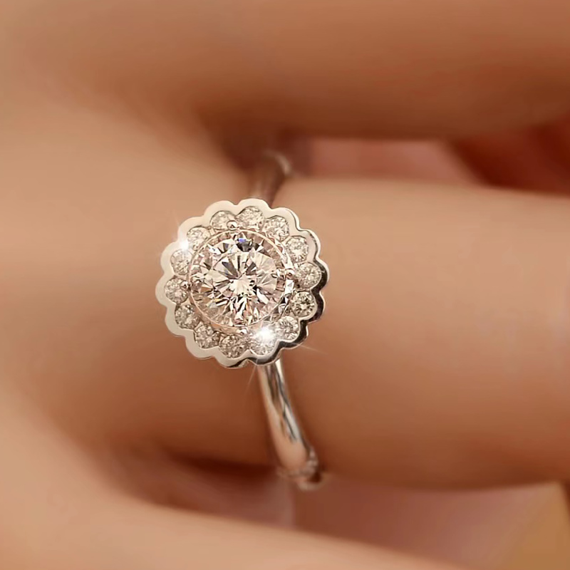 Sunflower moissanite ring / solid gold sunflower ring / vintage halo moissanite wedding ring / silver flower ring for her / custom ring