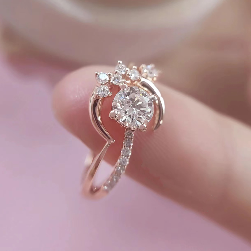 Moon and star moissanite ring / cute crescent moon ring / solid rose gold moon ring / star and moon ring for women / custom silver star ring