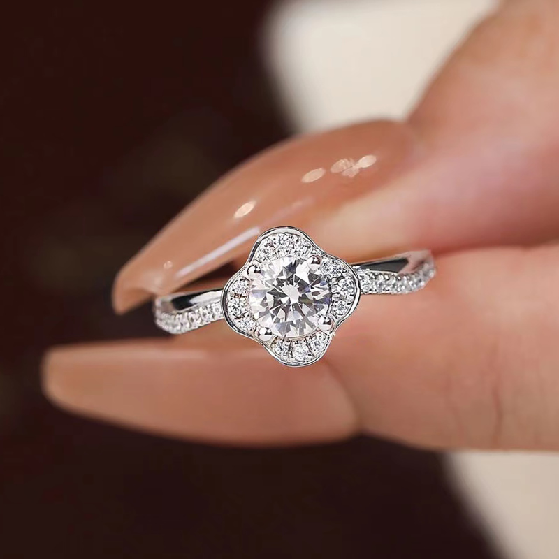 Dainty sunflower moissanite ring / white gold halo moissanite wedding ring / solid gold anniversary ring for women / custom ring for her