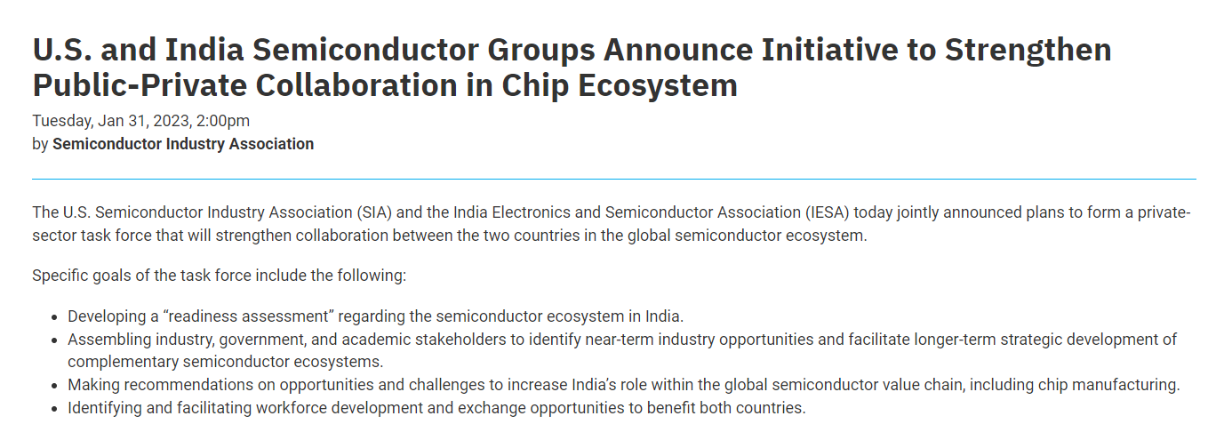 U.S. SIA and India's IESA Plan to Form Working Group to Enhance Cooperation in Global Semiconductor Ecosystem