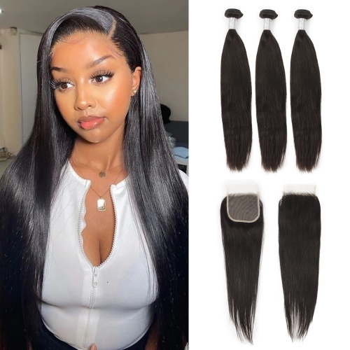 3 Bundles With 4*4 Lace Closure Straight Hair 100% Unprocessed Virgin Remy Human Hair Natural Color