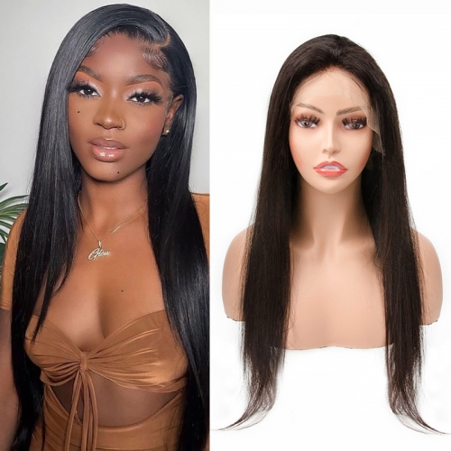 130% density Virgin Human Hair Straight Lace Frontal Wig Natural Color