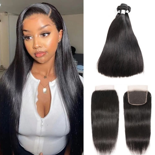 3 Bundles With 4*4 Lace Closure Straight Hair 100% Unprocessed Virgin Remy Human Hair Natural Color