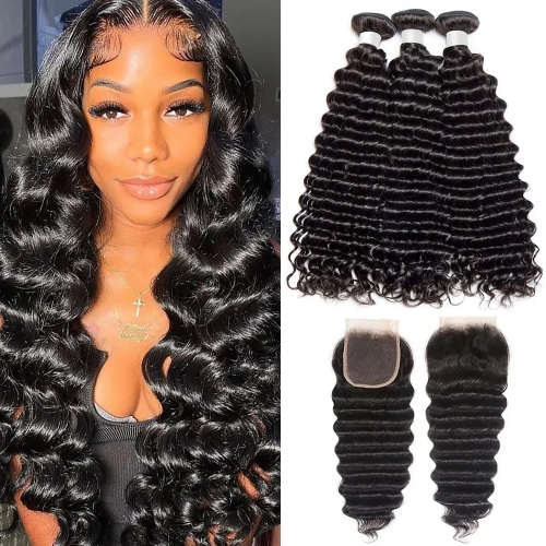 3 Bundles With 4*4 Lace Closure Deep Wave Hair 100% Unprocessed Virgin Human Hair Natural Color Brazilian Peruvian Cambodian Hair