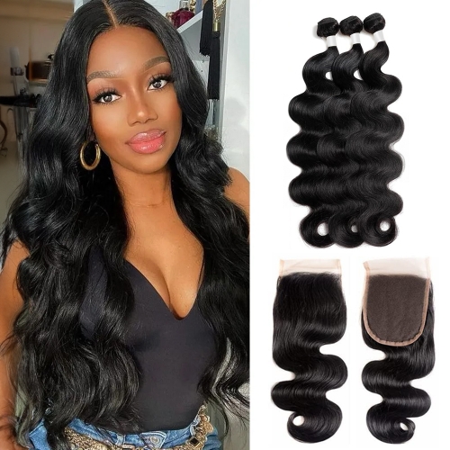 3 Bundles With 4*4 Lace Closure Body wave Hair 100% Unprocessed Virgin Remy Human Hair Natural Color Brazilian Peruvian Cambodian Hair