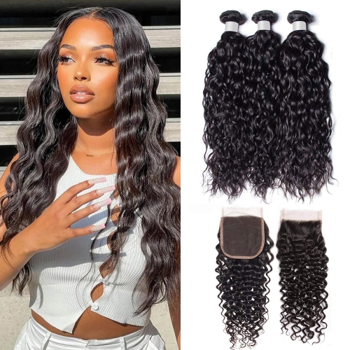 3 Bundles With 4*4 Lace Closure Deep Curly Hair 100% Unprocessed Virgin Remy Human Hair Natural Color