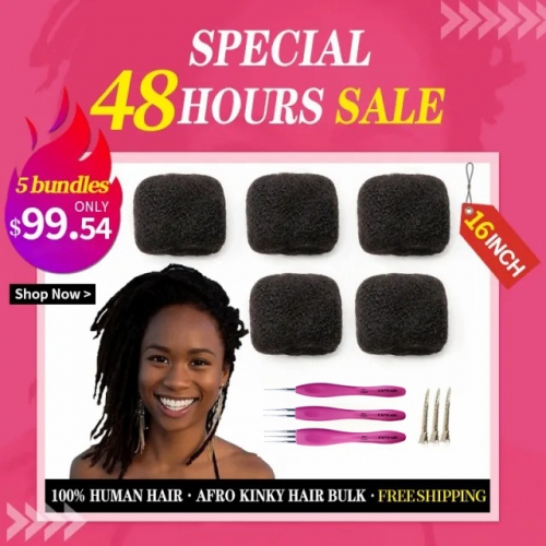 (LIMITED TIME FLASH SALE)  16 inch Tight Afro Kinky Bulk 100% Human Hair for Ideal to Make/ Repair Afro Hair Braids, Dreadlocks, Afro Twist