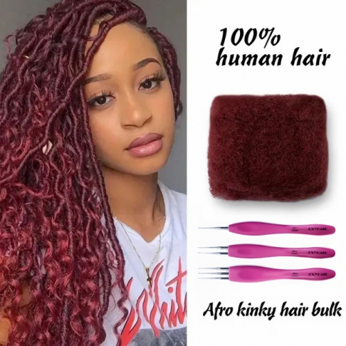 #Aubergine (burgundy) Tight Afro Kinky Bulk Human Hair for Draedlock Extensions, Repair Locs, Twists and Braids, with Crochet Hook