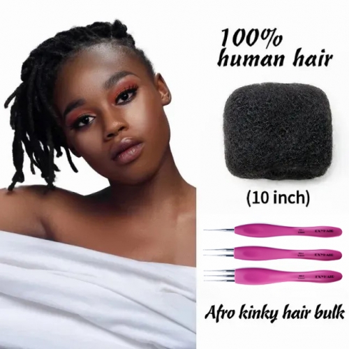 10 inch Best Selling Tight Afro Kinky Bulk Human Hair for Dreadlocks Twisting and Braiding, Afro Twist, with Crochet Hook