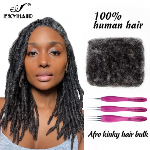 #Salt and Pepper Tight Afro Kinky Bulk 100% Human Hair for Ideal to Make/ Repair Afro Hair Braids, Dreadlocks Extension, Afro Twist, with Crochet Hook