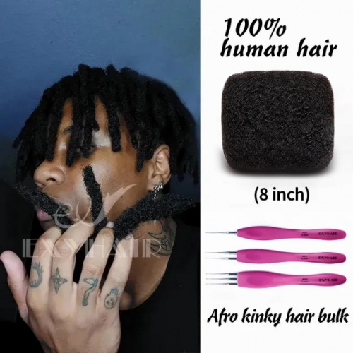 8 inch Tight Afro Kinky Bulk 100% Human Hair for Dreadlocks Twisting and Braiding, Afro Twist, with Crochet Hook