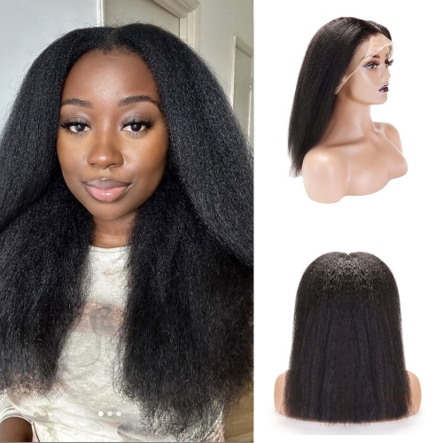 180% Density Top Quality Virgin Human Hair Kinky Straight Lace Frontal Wigs Natural Color