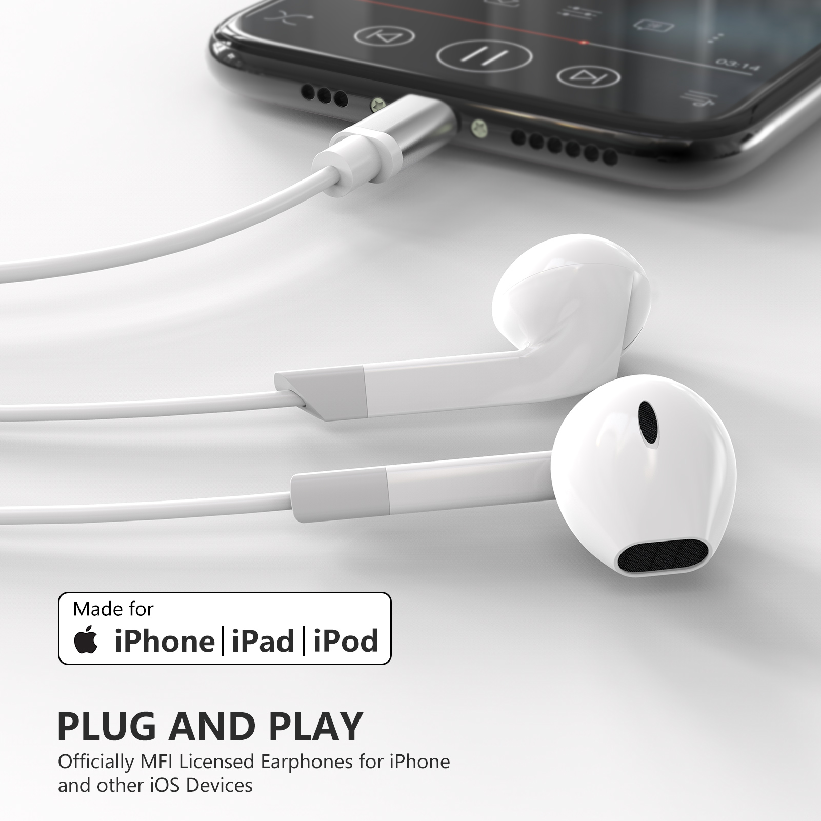 Lightning Connector Earbuds Earphone Wired Headphones Headset with Mic