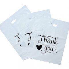 Custom Logo Printed Merchandise Die Cut Strong Handles Thank You White Plastic Bags With Personal Logo