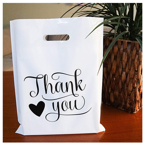 Manufacturer Cheap Custom White Thank You Merchandise Bags Plastic Shopping Glossy Die Cut Handles Bag