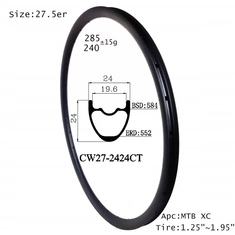 |CW27-2424CT| ultra light 285g only 27.5'' carbon MTB rims 24X24mm hookless clincher tubeless wheel tyres available mountain cycling