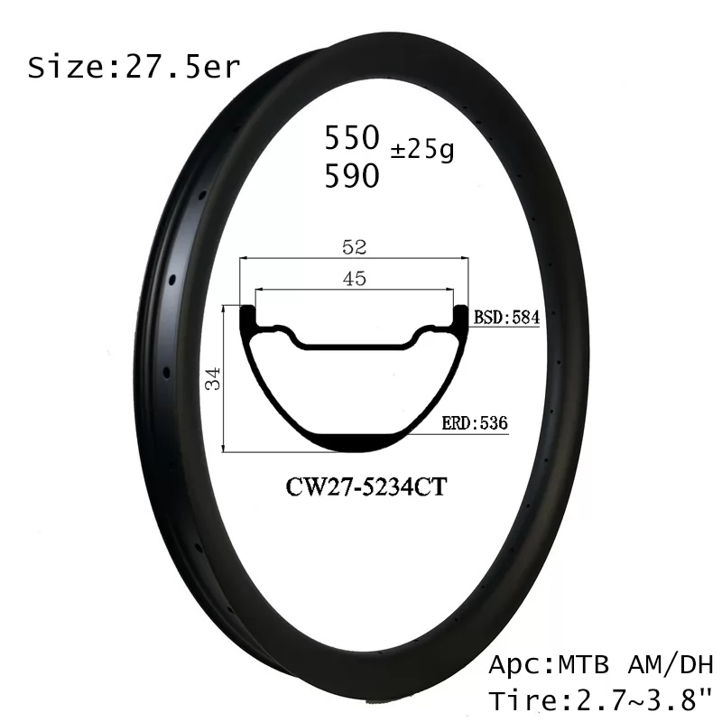 |CW27-5234CT| 27.5 rim carbon mountain cycle MTB wheel width 52mm wide 34 depth hookless clincher tubeless DIY bicycle part XC/AM/DHAM