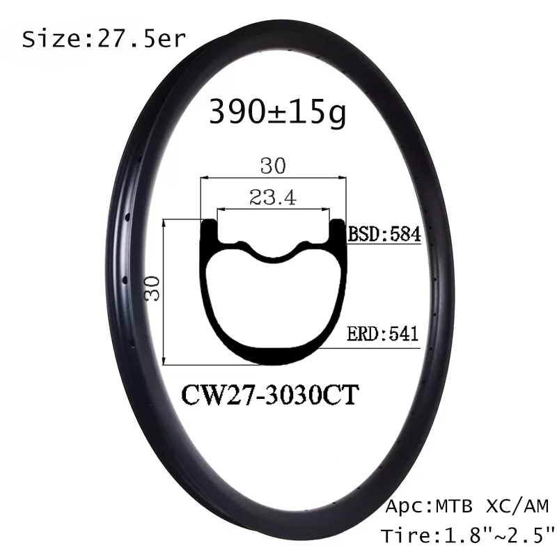 |CW27-3030CT|cycling mountain bike 27.5 carbon MTB rims width 30X30 hookless clincher tubeless acceptance for XC/AM hot sale to Italy