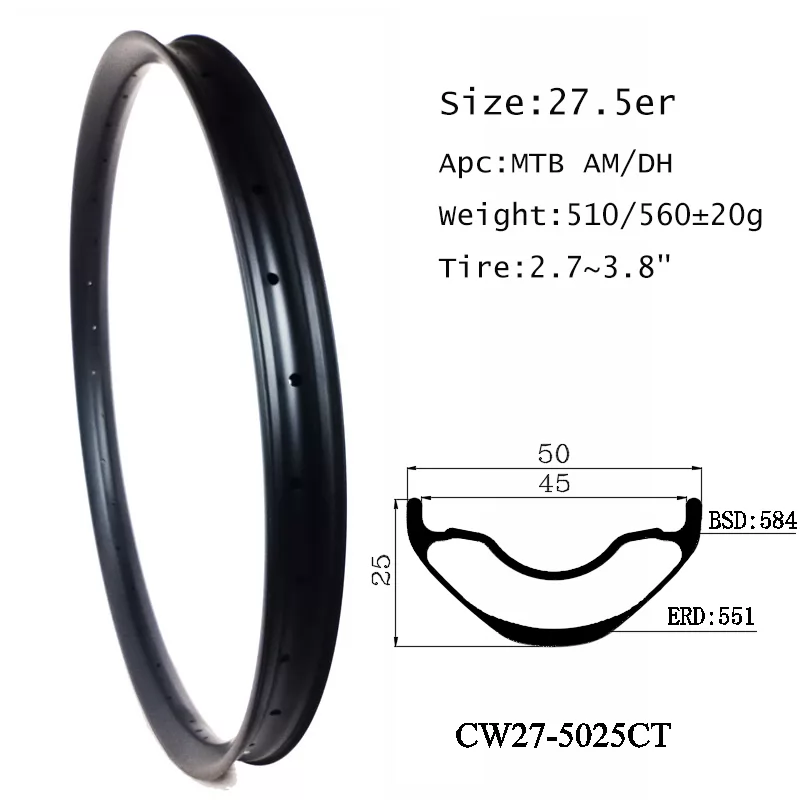 |CW27-5025CT| 27.5 rim carbon mountain cycle MTB wheel width 50mm wide 25mm depth hookless clincher tubeless DIY bicycle part XC/AM/DH