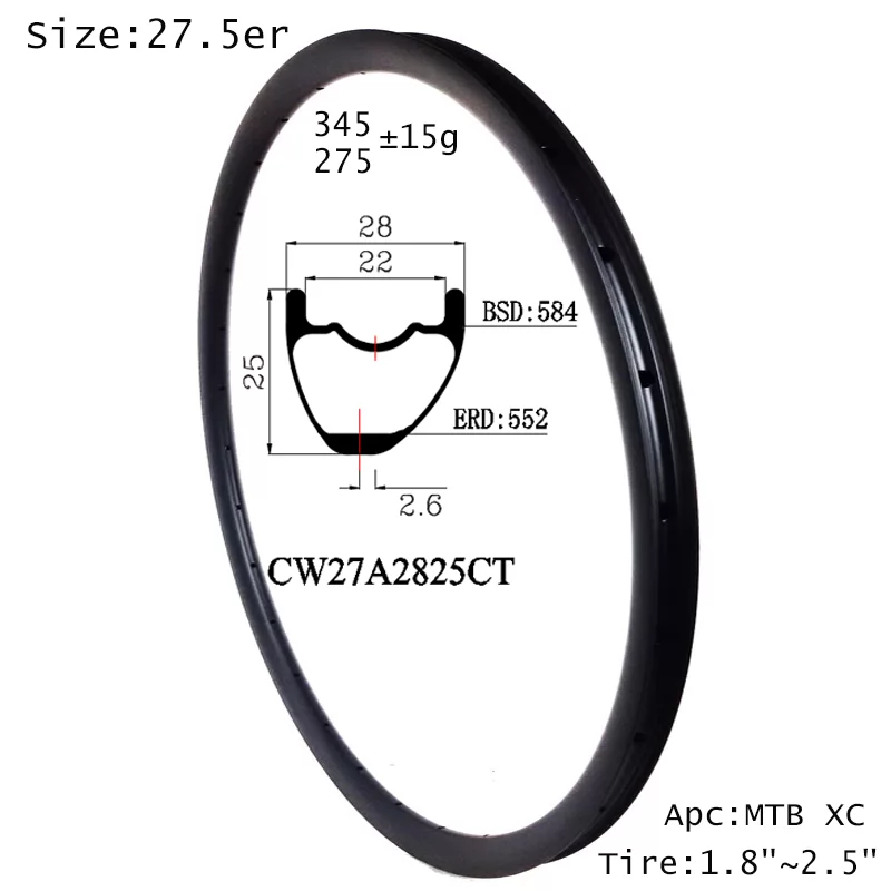 |CW27A2825CT| 27.5er clincher tubeless compatible hookless asymmetric 3mm mountain bike carbon rims advanced tech made from China