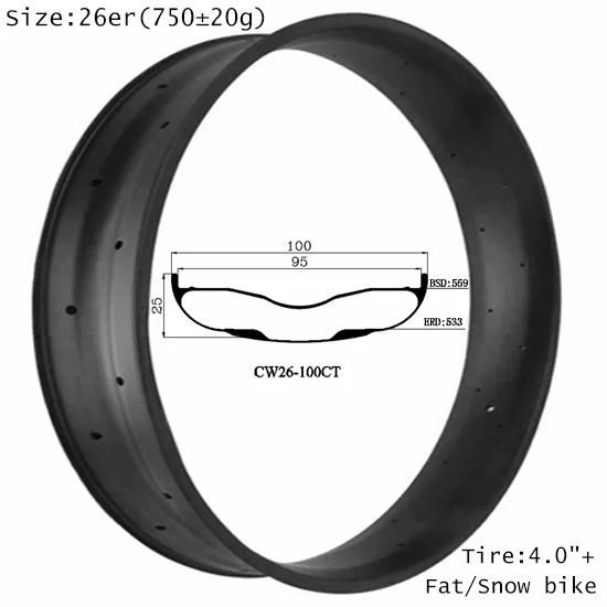 |CW26-100CT| New arrive full carbon fiber rims fatbike snow bicycle ride 26er 100mm width clincher tubeless compatible hot selling to Russian/Japan