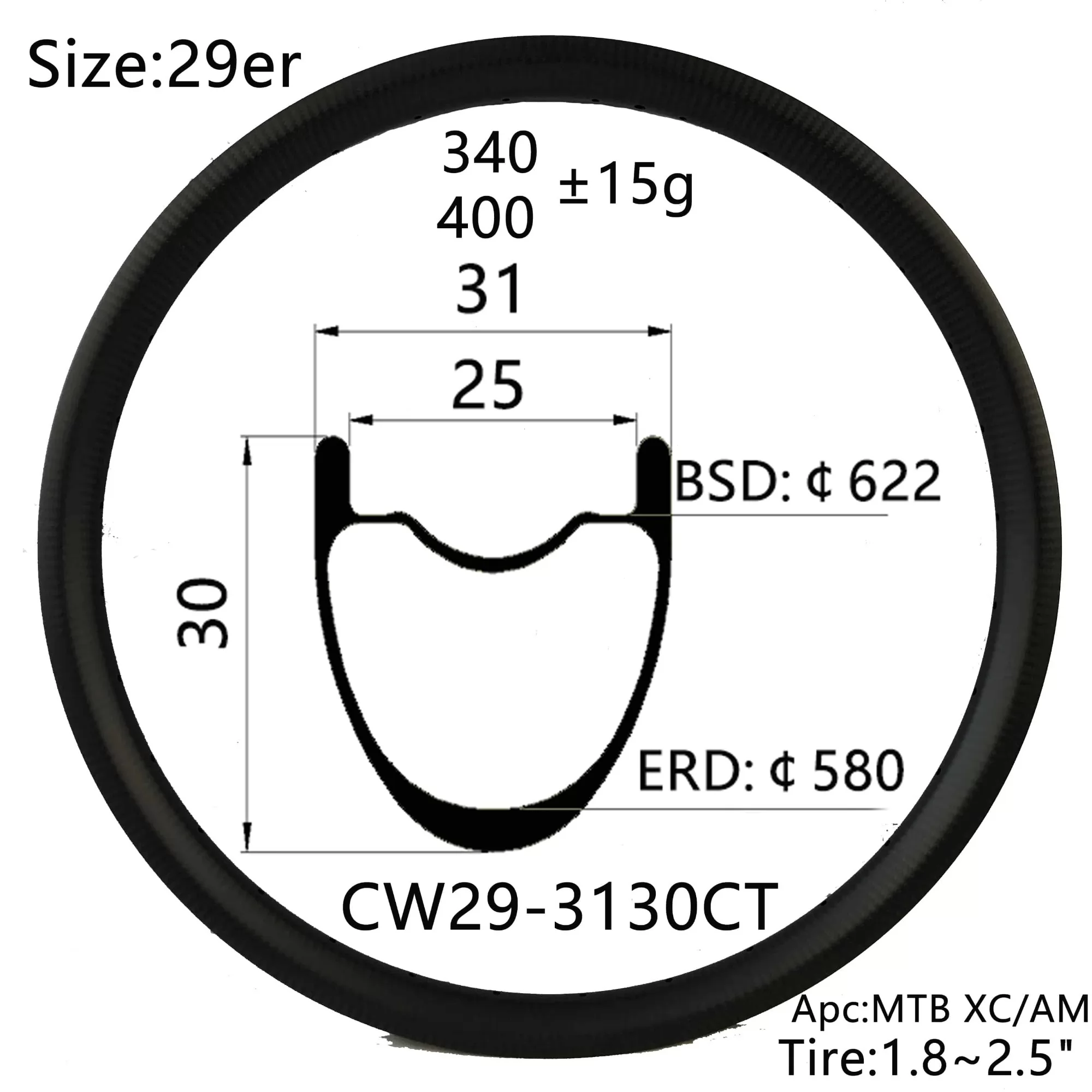 |CW29-3130CT|  XC/AM carbon bike rims 29er toray T700/T1000 weave 3K/UD/12K/twill bicycle wheel 31mm width 30mm depth