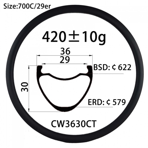 |CW36-30CT| Carbon bike rims 420g flyweight 700C Wider light weight cycling wheel Tubelss tires 36mm width 30mm depth