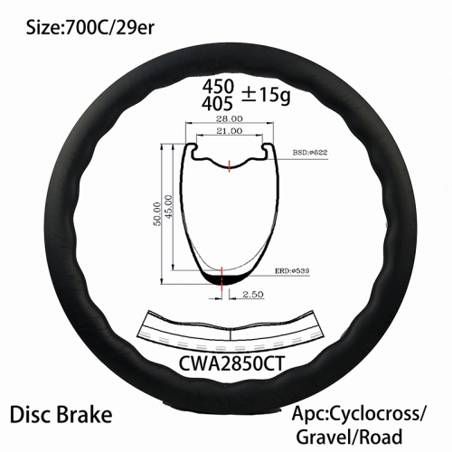 |CWA2850CT| Carbon bike rim 50mm disc brake offset gravel cycle wheel 28mm depth light weight bicycle wave asymmetry U shape