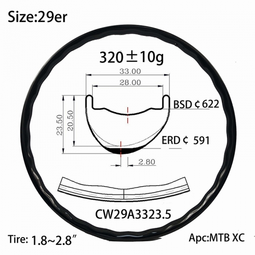 |CW29A3323.5| Carbon rims asymmetry design 29inch width 33mm 23.5mm depth cycle wave 28 holes wheel off set MTB mountain cycle