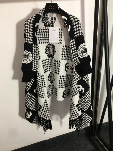 No.90212 Scarves and shawls 2021  Chanel   Camellia houndstooth wool knitted Cape Coat