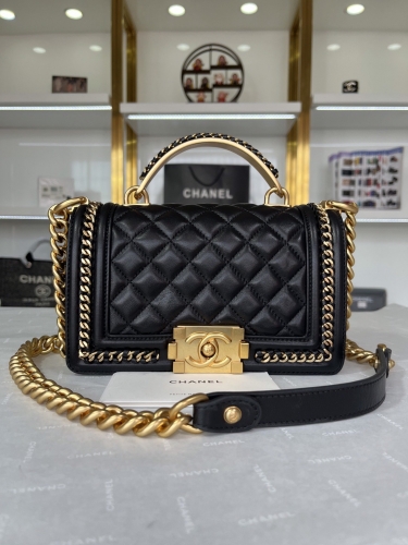 No.52825 A94805 12*20*7cm Boy Chanel flap bag with handle, calf leather and gold metal