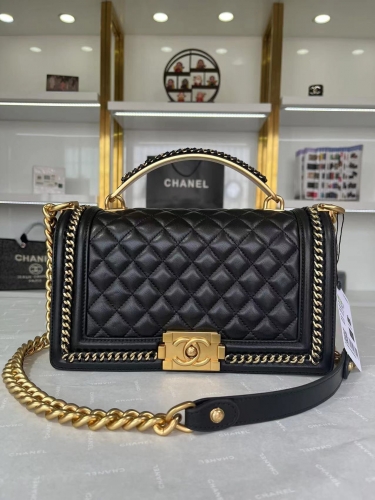 No.52824   A94804   14.5*25*8cm   Boy Chanel flap bag with handle, calf leather and gold metal