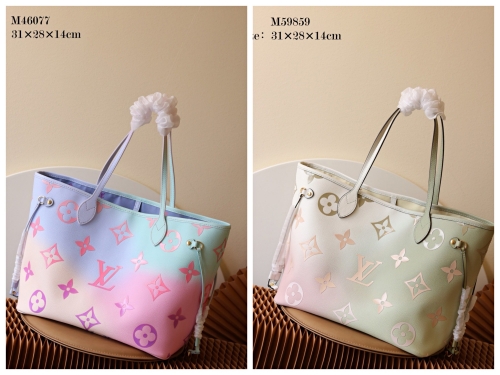 No.53121  M59859  M46077   31*18*14cm    Neverfull medium handbag, gradient rainbow color, Monogram canvas