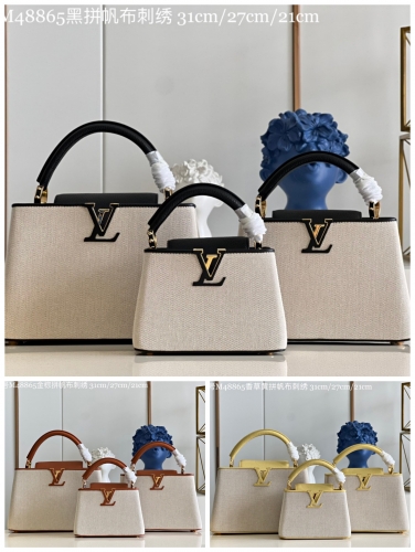 No.53242  M48865    21*14*8cm   27*18*9cm  31*20*11cm Capucines handbag, canvas + taurillon leather, embroidered shoulder strap