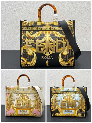 No.53294   6644   35*17*31cm    Printed Tote Bag with resin glass handle and gold leather Fendi