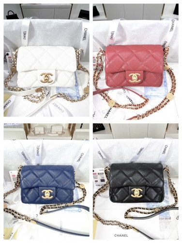 No.53578   AS3368    13*17*5.5cm     AS3369   14*21*6.5cm   22A gold coin CF deformed flap bag, grain embossed bright calf leather