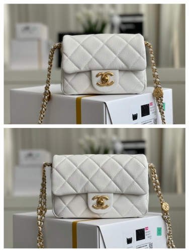 No.53820   14*18.5*5cm  14*21*6.5cm  22A Authentic platinum edition, handmade workshop, gold coin chain flap bag, bright ball grain cow leather