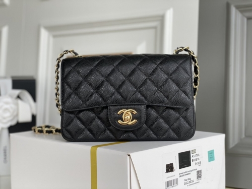 No.53850   12.5*20*6cm   Platinum version, authentic, chip version series, classic flip big mini black, caviar cow skin，Gold buckle