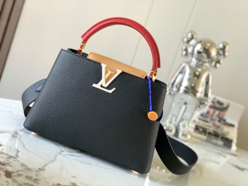 No.54217   M59465    27*18*9cm   Capucines handbag, grain cow leather, black with pearl platinum buckle