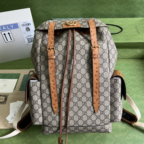 No.54319   710859   24*40*16cm Backpack, beige and ebony GG Supreme canvas+brown ostrich leather piping