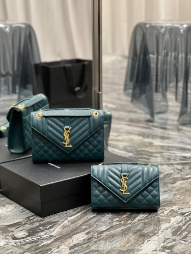 No.54343   526286    21*13*6cm    487206   24*17.5*6cm Grain embossed quilted leather envelope bag, turquoise green gold buckle