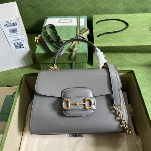 No.54323   702049   29*20*13cm   Gucci Horsebit 1955 series medium handbag, grey/original leather