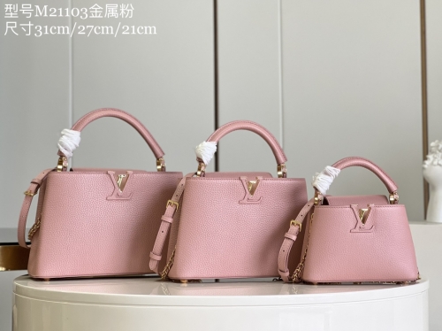 No.54327    M21103   21*14*8cm    27*18*9cm    31.5*20*11cm  Full leather cap series Capucines handbag, imported from France