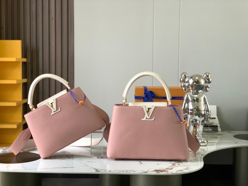 No.54361   M59465   27*18*9cm   M59466    31.5*20*11cm  Capucines handbag, full grain cow leather, rose powder with pearl platinum buckle